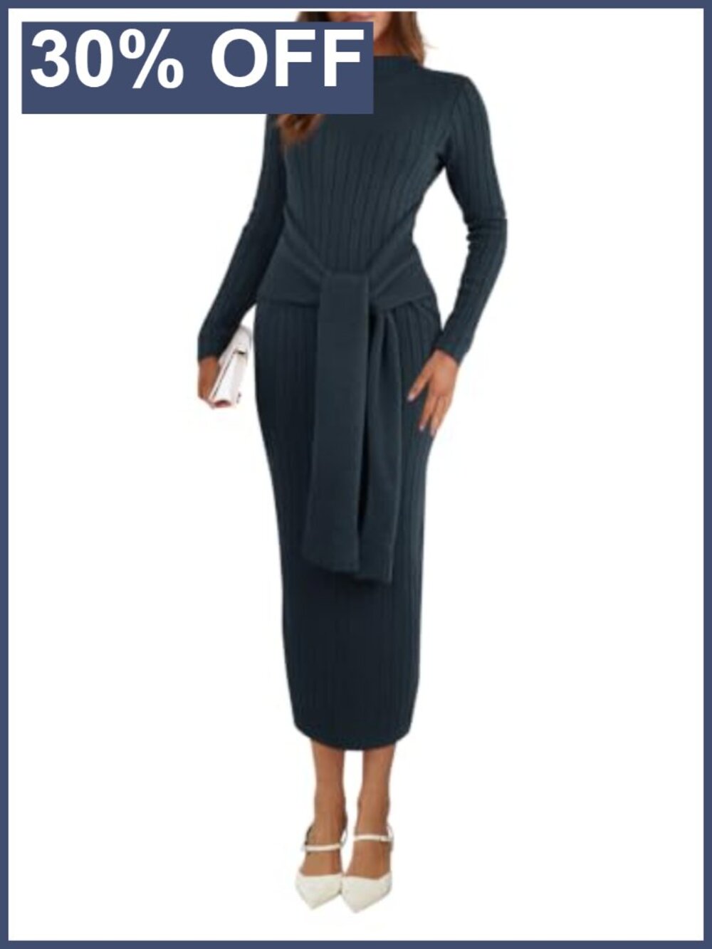 Womens Long Sleeve Midi Sweater Dress Ribbed Knit Tie Waist Bodycon Mock Neck